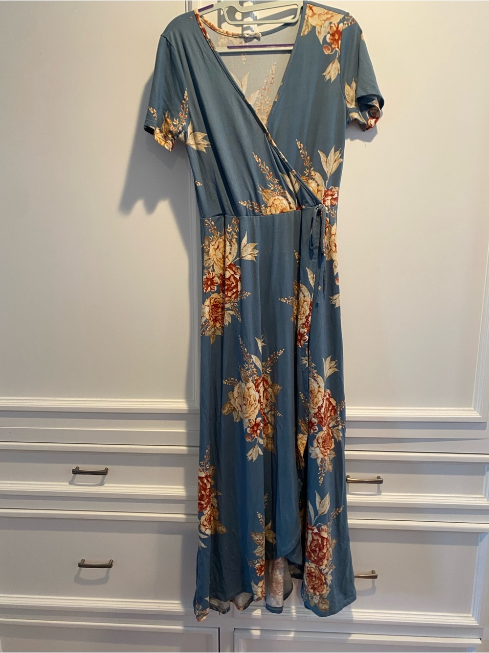 Blue Floral Wrap Maxi Dress with Tie Waist